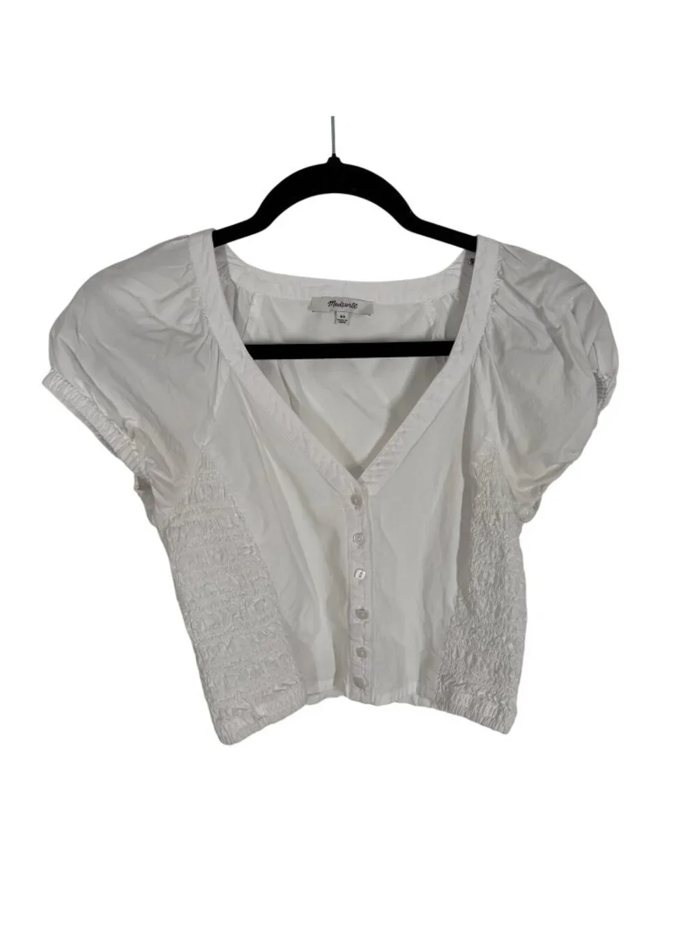 Madewell Women 00 White Cotton Puff Sleeve Smocked Yeri Poplin Button-Up Top